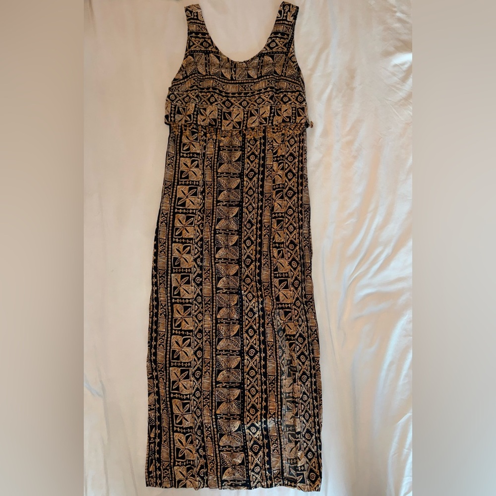 UM & Company Rayon Tribal Maxi Dress Boho Sleeveless Black Tan 7/8